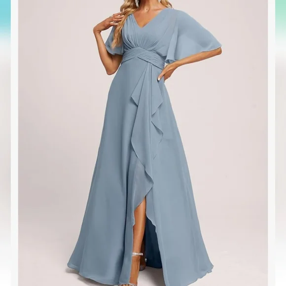 NWOT Deamify dusty blue flutter sleeve bridesmaid dress - Picture 5 of 7